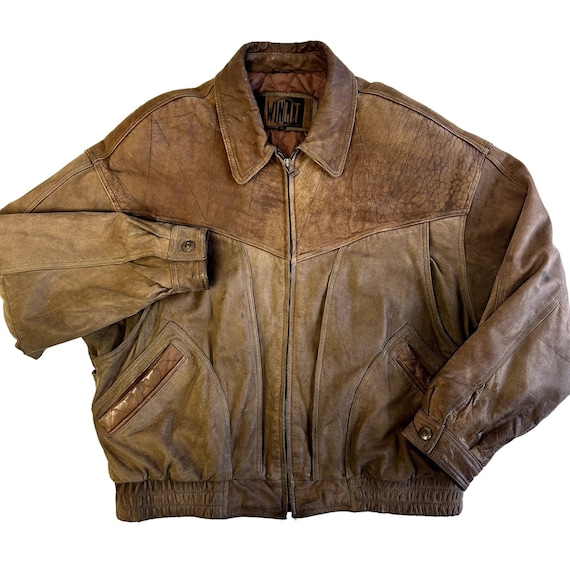 Vintage 80's Winlit Men Brown Soft Leather BOMBER… - image 1