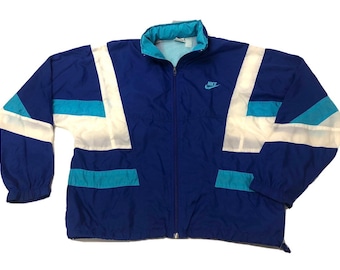 Vintage 90s Y2K Windbreaker Jacket – Navy Blue, Teal Stripe Zip up