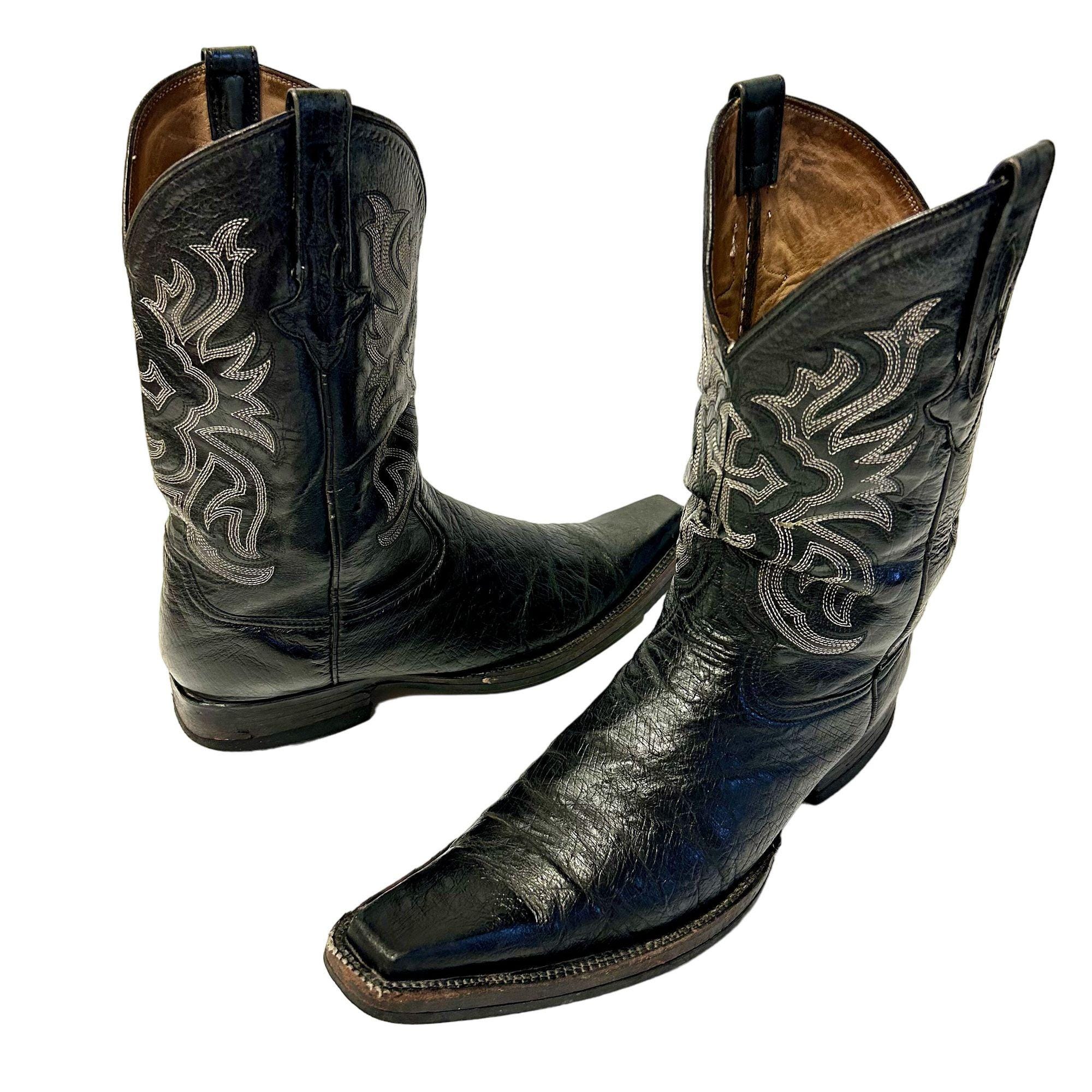 Vintage Y2K Men Black Leather Cowboy CROSS Western Smooth OSTRICH