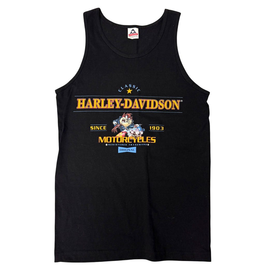 Harley Davidson TASMANIAN Top Tank Tunes Looney DAVIDSON HARLEY 90's Vintage Nos S タンクトップ Laconia & トップス