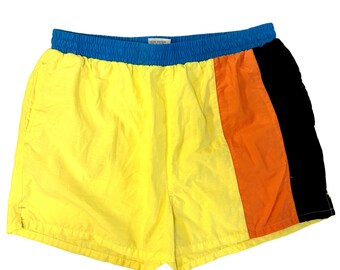 Vintage 80 90's Triangle COLORBLOCK Swim Trunks NEON Yellow Blue SURFER Shorts Xl