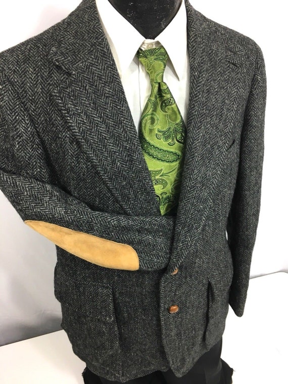 Vintage L W Men Black Herringbone Tweed Sport Coat Leather Elbow Patch Pocket Jacket Wool Hunting Sportsman Shooting Blazer 40 R