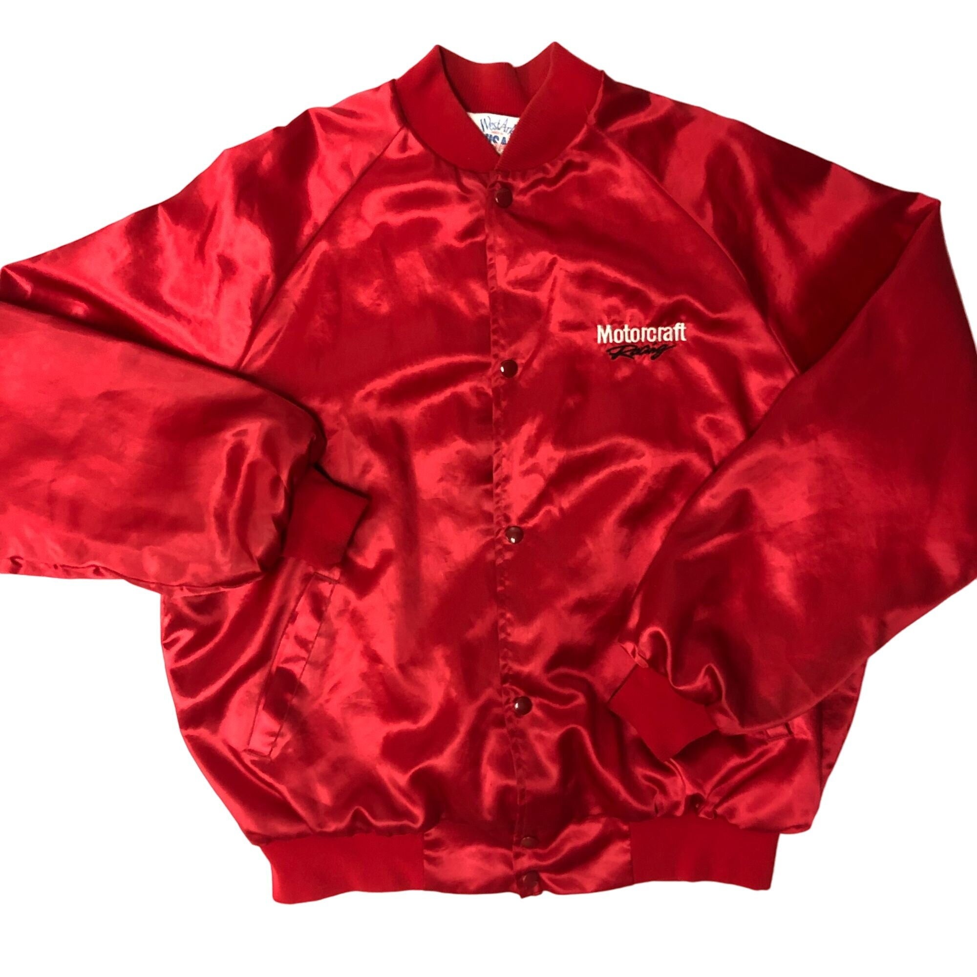 Vintage 80's West Ark USA Red Shiny SATIN Bomber Ford