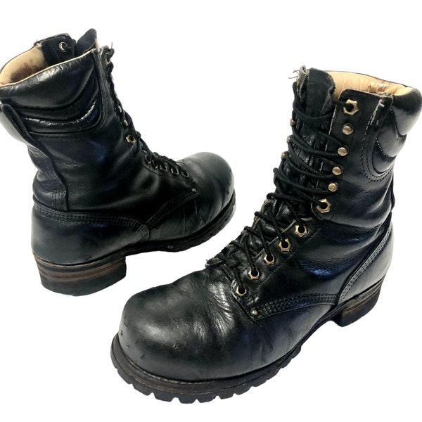 Vintage 60's USA Made MILITARY Men Black Leather STEEL Toe Jump Combat Motorcycle Boots 9