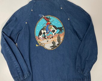 Vintage 60 70's Custom Hand Made Embellished Blue Jean Western Jacket BRONCO RIDER Cowboy Denim Coat S/M