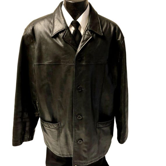 Vintage 90's Guess Men's Black Heavy Leather Winter CAR Coat 4 Btn