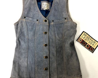 NOS Vintage 90's Braefair Leather Blue Heavy Suede Motorcycle Biker Vest Jacket S
