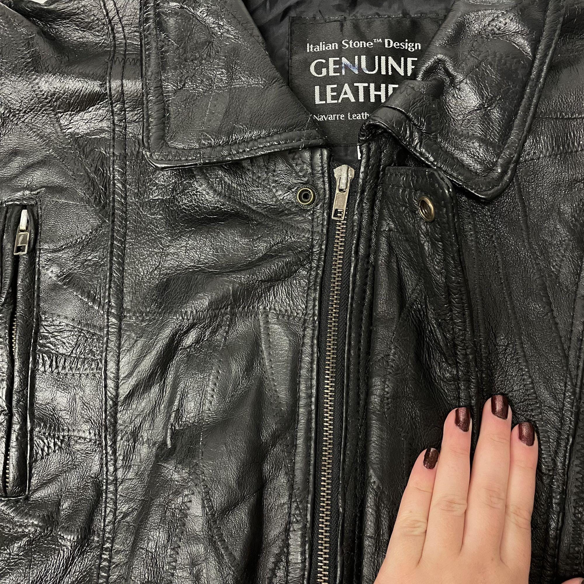 Vintage 80's Navarre Italian STONE Design Black Leather BOMBER