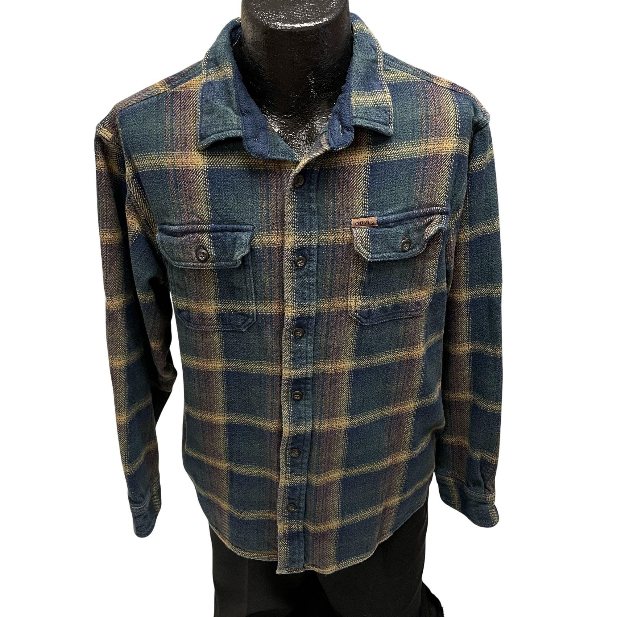 Vintage 90's Orvis Men's Blue Yellow Plaid Cotton FLANNEL Work