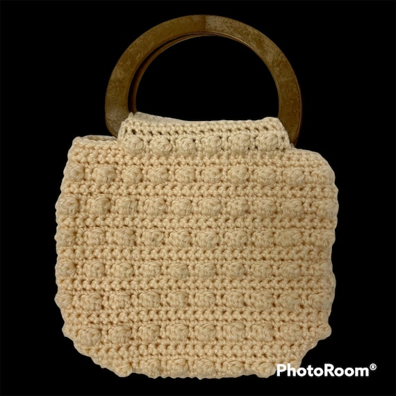 Vtg 60's Art Deco Ivory CROCHET Hand Bag Ring Han… - image 1