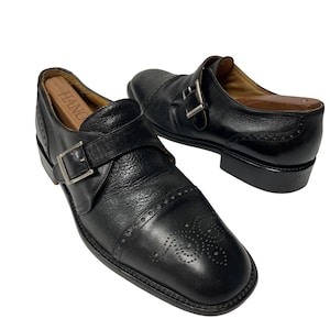 Vintage Mario Calugi ITALY Men&#39;s Black Leather MONK STRAP Dress Shoe Buckle Loafers Brogue Cap Toes 8.5 1/2 D