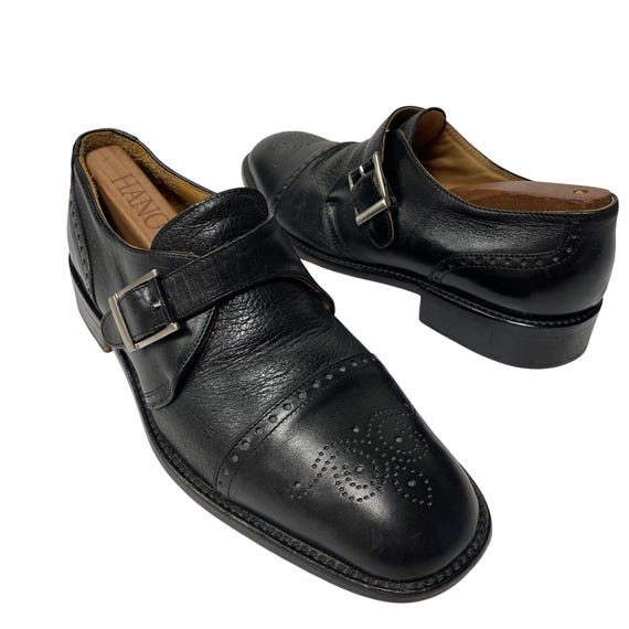 Vintage Men Black Leather Monk Strap Loafers Ornate Buckle Square Toe Size 7.5 D Amazon.com | Men main image 2