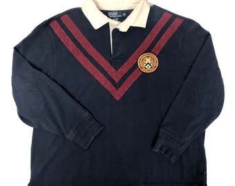 Vtg 90’s Ralph Lauren Men Blue Maroon CHEVRON Polo MCMLXVII CREST Rugby Shirt 2X