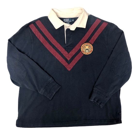 Vtg 90s Ralph Lauren Men Blue Maroon CHEVRON Polo MCMLXVII CREST