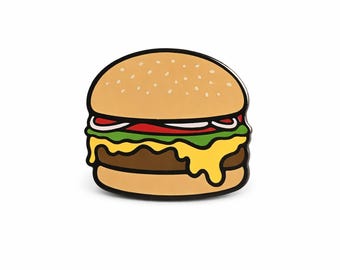 May include: A hard enamel pin shaped like a cheeseburger with a tan sesame seed bun, a brown beef patty, yellow melted cheese, green lettuce, a red tomato slice, and white onion rings, all outlined in black with a smooth, glossy finish.