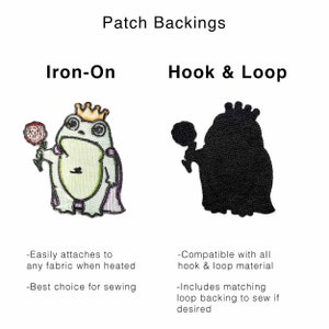 May include: An informational graphic titled Patch Backings showing two versions of a frog patch. The left side shows an Iron-On patch with a colorful frog wearing a crown and cape holding a rose. The right side shows a solid black Hook & Loop patch.