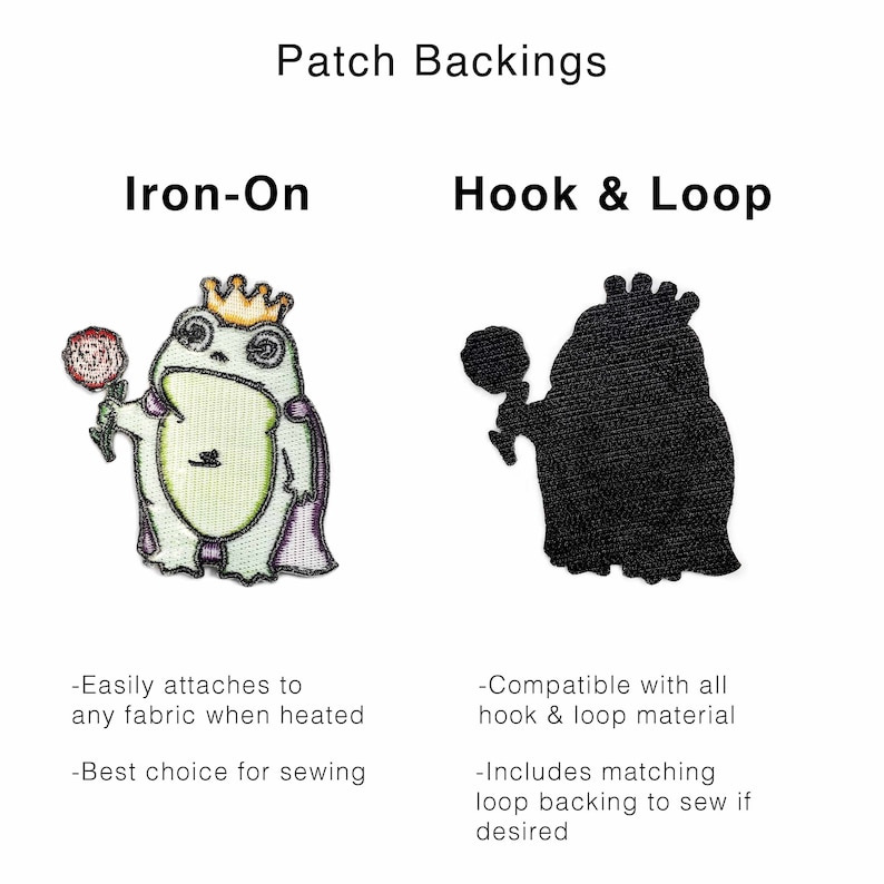 May include: Two images showing different patch backings. The first image shows a green frog wearing a crown and holding a red rose. The text "Iron-On" is above the image. The second image shows a black silhouette of a frog wearing a crown and holding a rose. The text "Hook & Loop" is above the image. Below each image is a description of the patch backing.