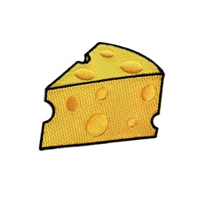 May include: A yellow embroidered patch of a wedge of Swiss cheese with holes.