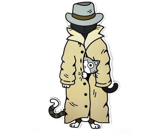 May include: A black cat wearing a beige trench coat and a gray fedora hat is holding a smaller gray and white cat in its arms.