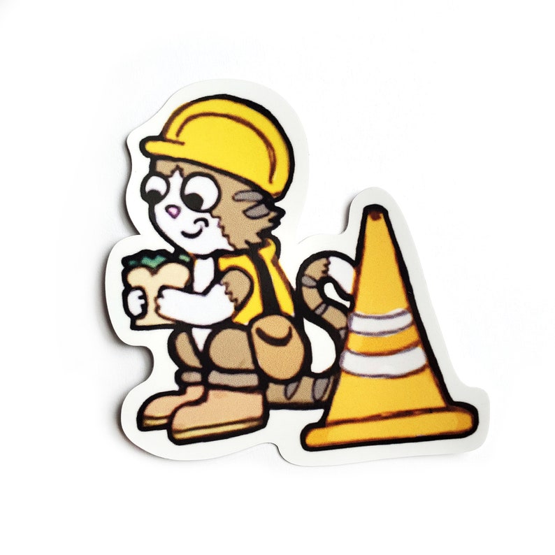 May include: A cartoon cat wearing a yellow hard hat and vest holds a sandwich and sits next to a yellow and white traffic cone.
