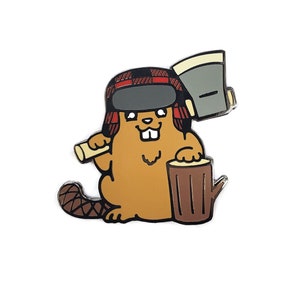 May include: A cartoon beaver wearing a red and black plaid hat and holding a small axe. The beaver is standing on a log and has a happy expression on its face.