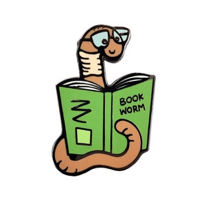 May include: A green book with the words "Book Worm" on the cover. A brown worm with glasses is reading the book.