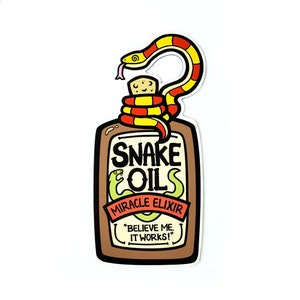 Puede incluir: Una botella marrón con una serpiente roja y amarilla envuelta alrededor. La botella dice "Snake Oils Miracle Elixir" y "¡Créeme, funciona!"