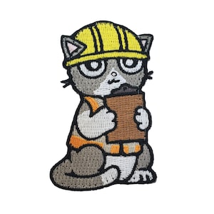 May include: Embroidered iron-on patch of a gray cat wearing a yellow hard hat and an orange vest, holding a brown clipboard.