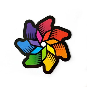 May include: A colorful pinwheel with eight points, each point is a different color: red, orange, yellow, green, blue, indigo, violet, and pink. The pinwheel is black outlined.