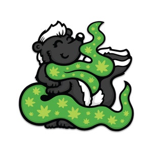 May include: A cartoon skunk with a black and white striped tail is surrounded by green leaves with a marijuana leaf pattern. The skunk is smiling and appears to be inhaling the leaves.