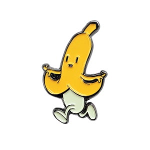 May include: A yellow banana cartoon character with a smiling face and black eyes, wearing a white peel, and walking with its arms outstretched.