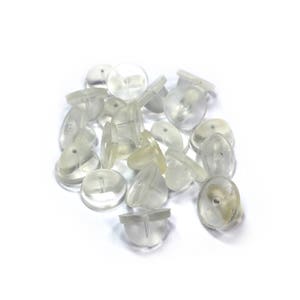 May include: A pile of clear plastic earring backs. The backs are round and have a small post in the center.