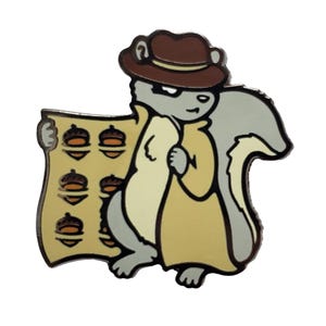 May include: A cartoon squirrel wearing a brown fedora and a tan coat holds a map with a pattern of acorns. The squirrel has a sly expression on its face.