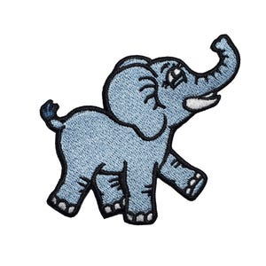 May include: A blue embroidered iron-on patch of a cartoon elephant with its trunk raised in the air.