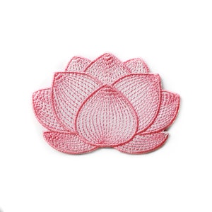 May include: Pink embroidered lotus flower patch. The flower is detailed with white stitching and has a layered design.