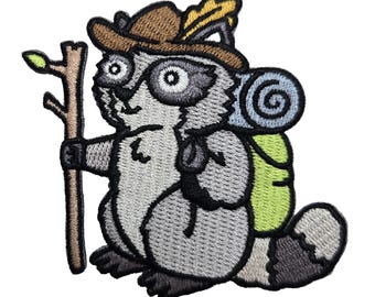Raccoon Hiker Embroidered Patch – 3x2.6″ – Hook & Loop or Iron-On Backing