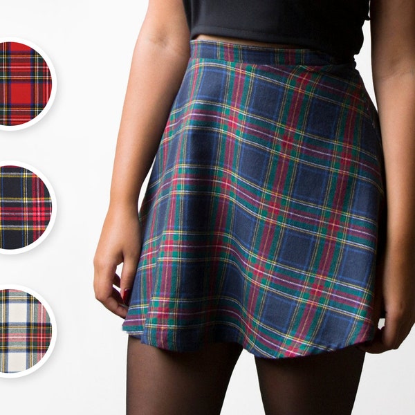 High Waist Flannel Plaid Mini Skater Skirt (4 COLORS, Made to Order)