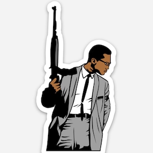 May include: A black and white illustration of a man in a suit holding a rifle. He is wearing glasses and has a serious expression on his face.