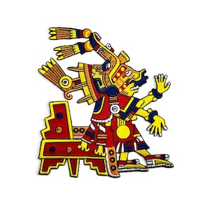 May include: Embroidered patch depicting a colorful, stylized figure with a feathered headdress, holding a staff and standing on a platform. The figure is wearing red, yellow, blue, and white clothing.
