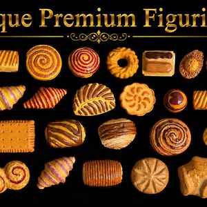Puede incluir: Una colección de figuras premium únicas, que representan varios productos horneados, como galletas, cruasanes y pasteles, dispuestos sobre un fondo negro. Las figuras son en tonos marrón, amarillo y rojo, con detalles intrincados. El texto "Unique Premium Figurines" se muestra en dorado.