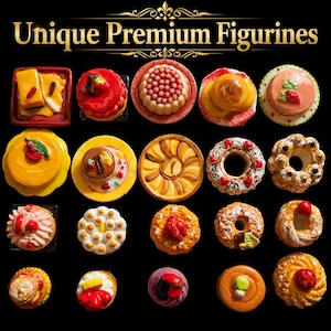 Op de afbeelding: Een verzameling kleurrijke miniatuurbeeldjes van verschillende desserts, waaronder cakes, taarten en donuts, gerangschikt op een zwarte achtergrond. De tekst "Unique Premium Figurines" staat in goud bovenaan de afbeelding.