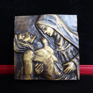 Holy Jesus Christ and Mary Portrait, Antique French Pair of Bronze Wall Plaques.