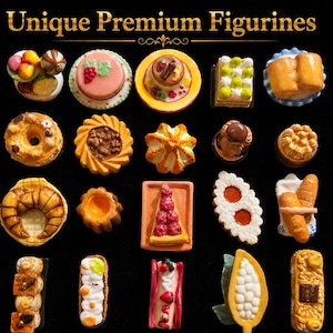 Op de afbeelding: Een verzameling miniatuur, kleurrijke beeldjes van verschillende gebakjes en desserts, waaronder cakes, taarten en koekjes. De beeldjes zijn gerangschikt op een zwarte achtergrond, met de tekst "Unique Premium Figurines" bovenaan.