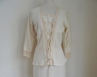70's Blouse Boho Hippie Lace Tie-up Festival Top