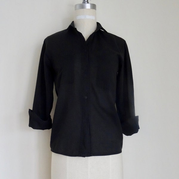 80's Designer Black Blouse Cotton Semi Sheer  Mondi Blouse Casual Evening Made in W. Germany Small