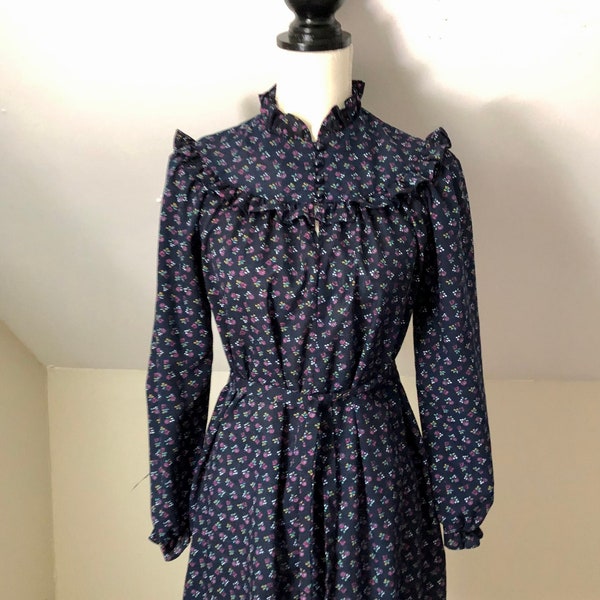 Blue Calico Dress Vintage Floral Library Office Ruffle Collar 70's Day Dress