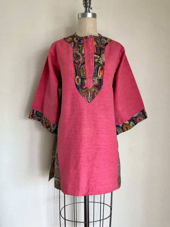 60's Pink Tunic Embroidered Asian Handmade Dress