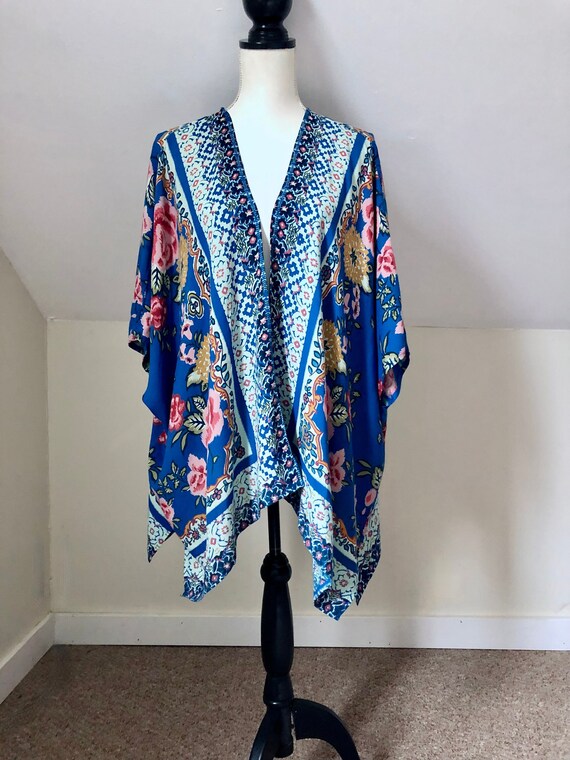 60's Rayon Jacket Robe Boho Hippie Floral Blue Pin