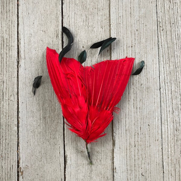 1940s Vintage Red Feathers Black Dangle Feathers Milliner Supply Hat Making Hair Fascinator Supply