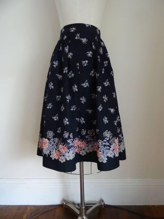 70's Gathered Skirt Floral  Black Pink Handmade Sk